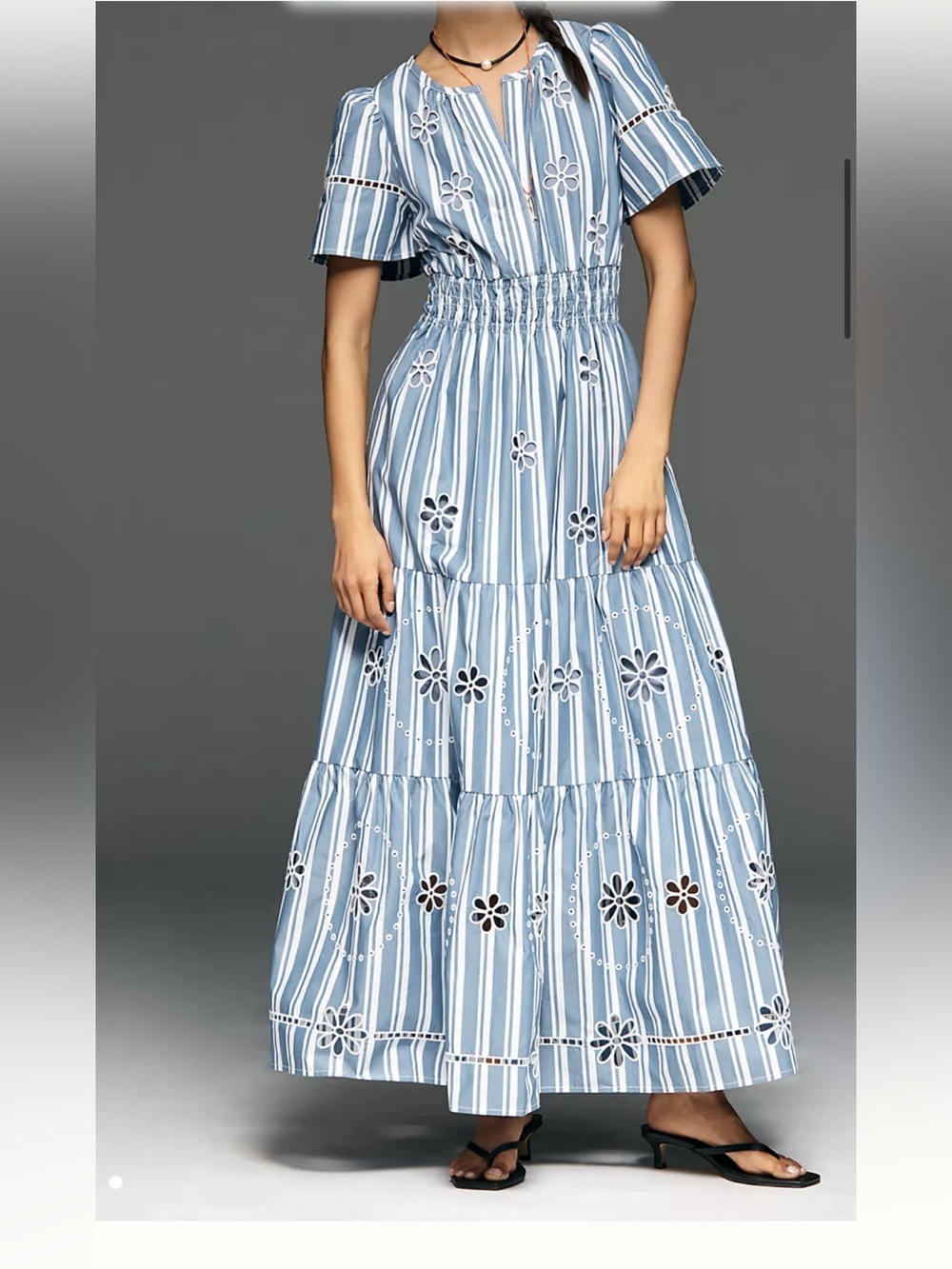 Anthropologie Blue & White Striped Eyelet Tiered Maxi Dress